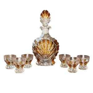 Vintage Hollywood Regency Style Amber Crystal Decanter Set with 6 Shotglasses